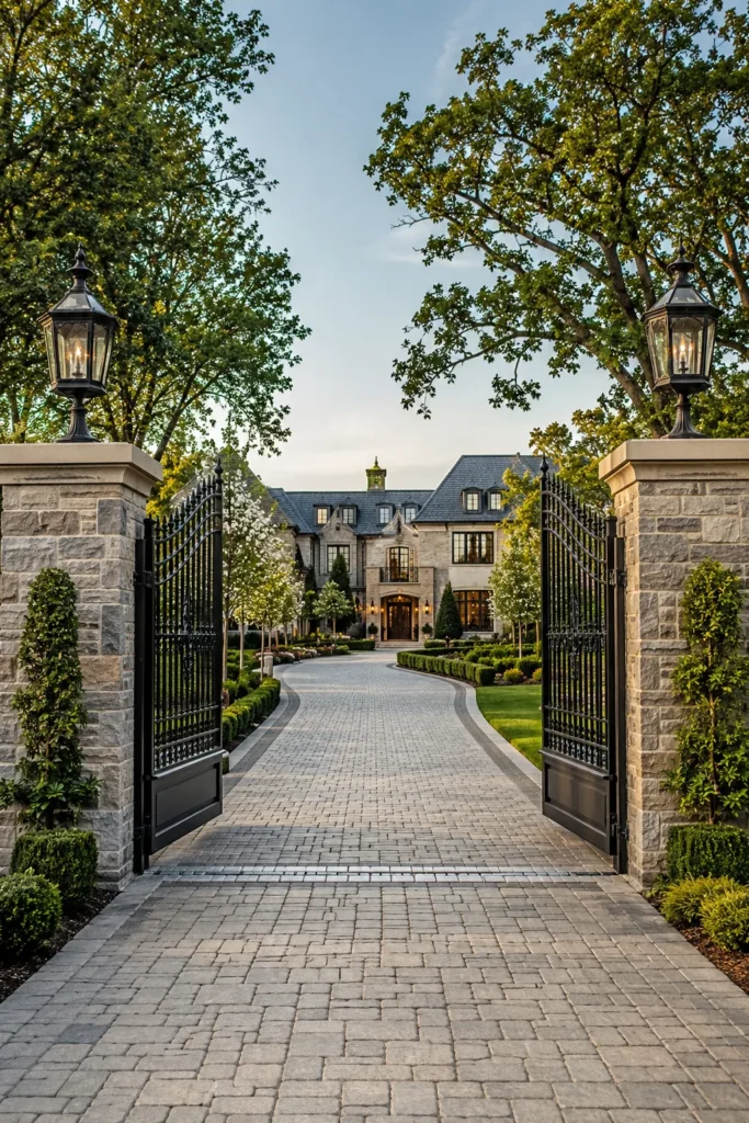 Gated Estate Driveway With Stone Pillars