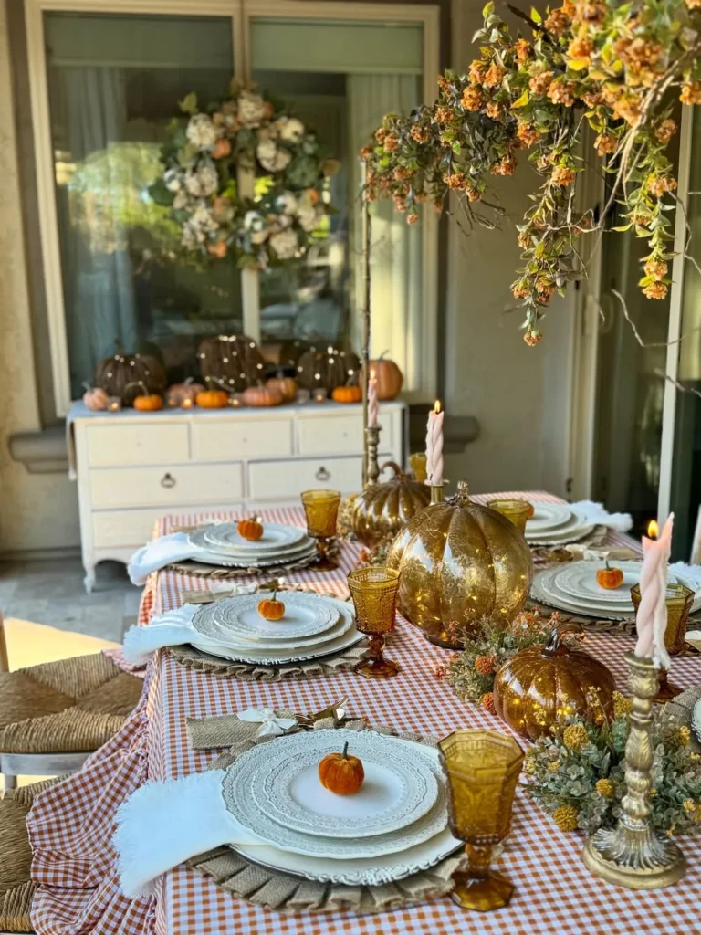 Gingham Tablecloth Ideas With Gold Pumpkin Accents for Fall Dining