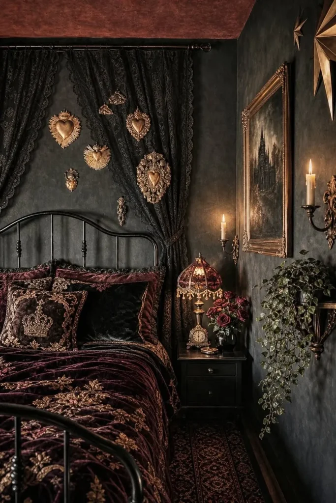 Gothic Cottagecore Bedroom With Velvet and Candlelight