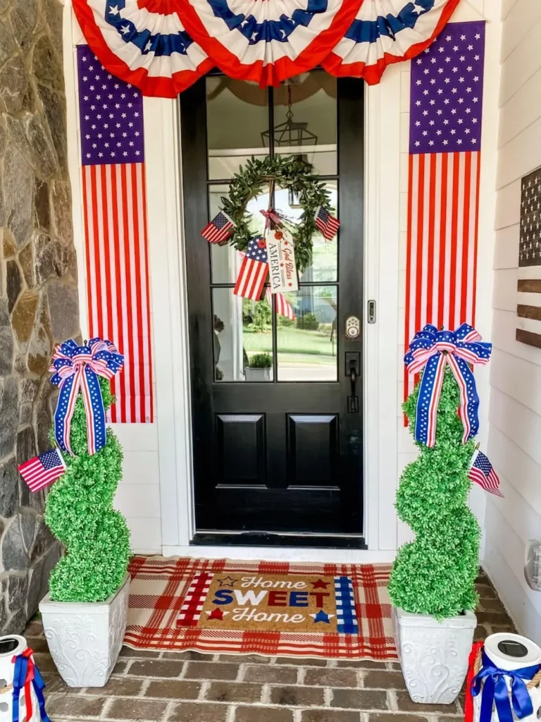 Grand Entryway With Patriotic Bunting and Topiary Accents
