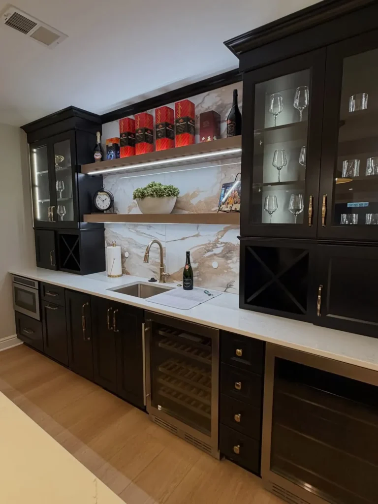 Gray Basement Kitchen With Herringbone Backsplash Details
