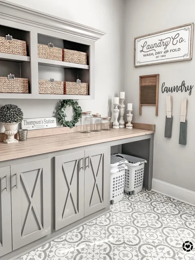 Gray Laundry Room Cabinets With Decorative Tile Flooring