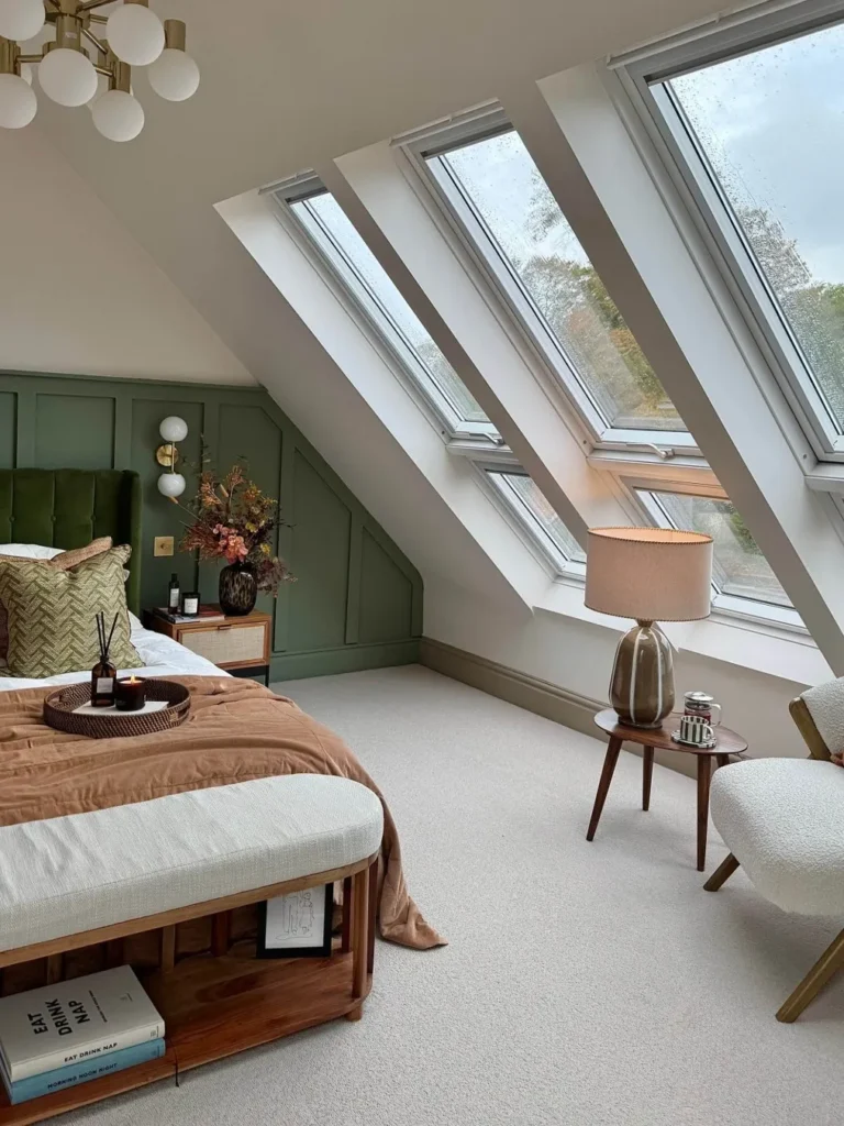 Green Attic Bedroom With Skylight Wall Design