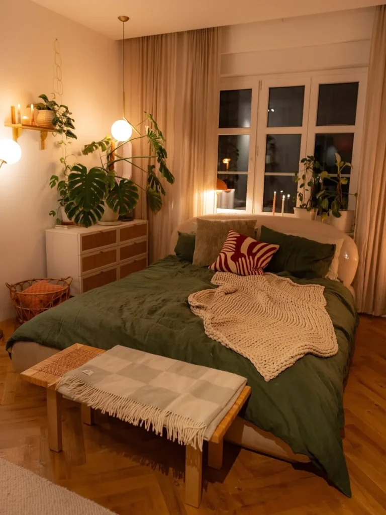 Green Bedroom Decor With Plants and Warm Lighting