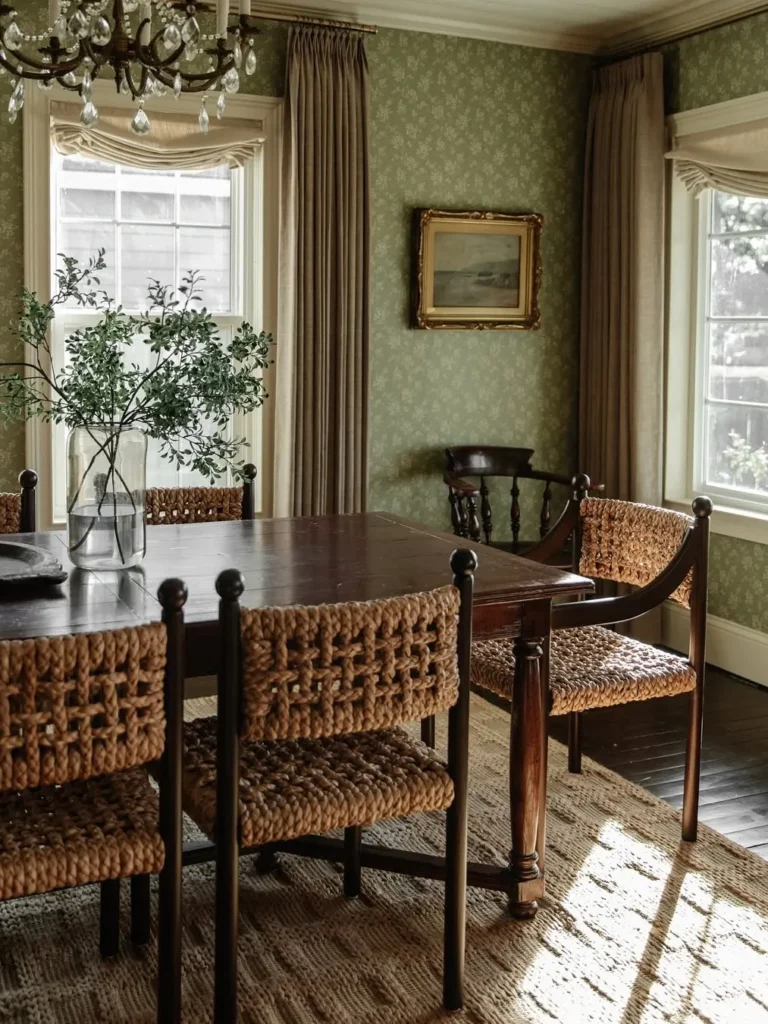 Green Wallpaper Dining Room With Woven Chairs