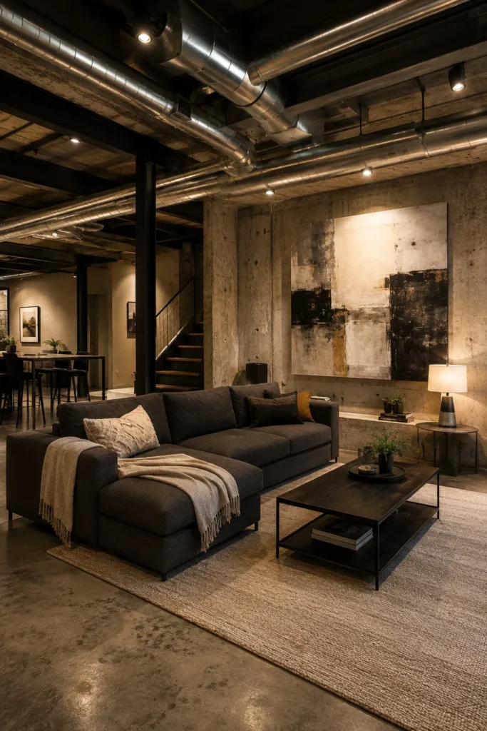 Industrial Basement Lounge with Exposed Ductwork