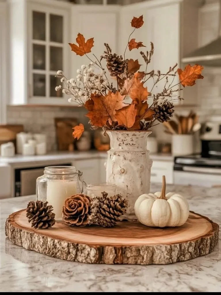 Kitchen Centerpiece With Pinecones and White Pumpkins