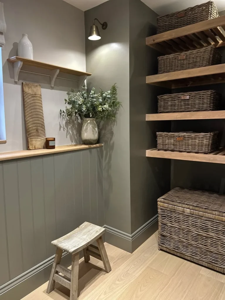 Laundry Room Storage Wall With Woven Basket Shelving