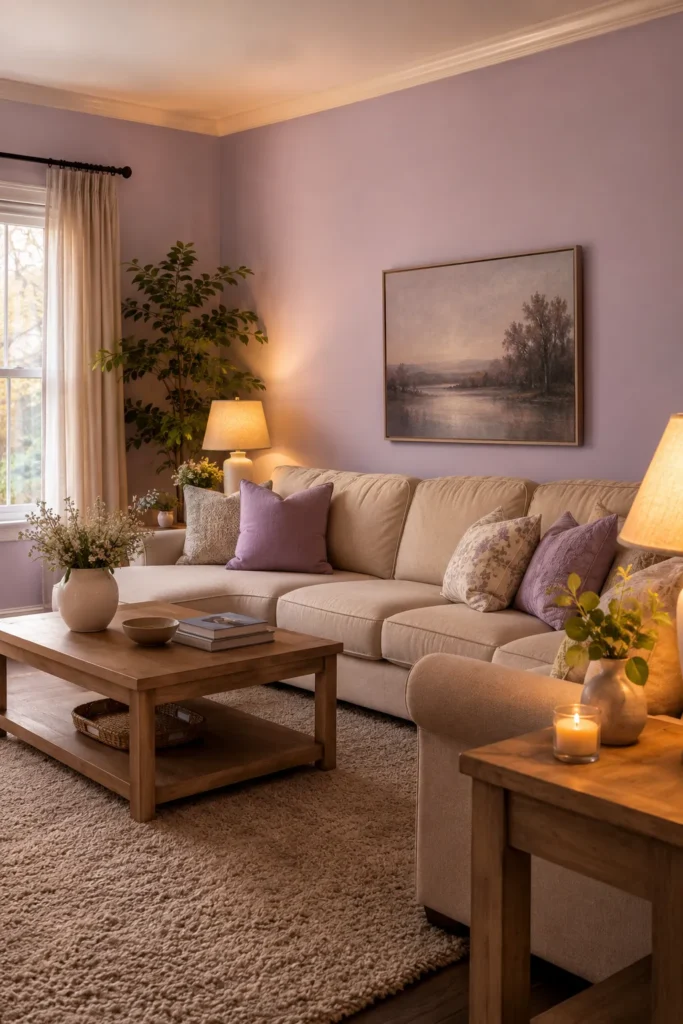 Lavender Family Room With Cozy Traditional Touches