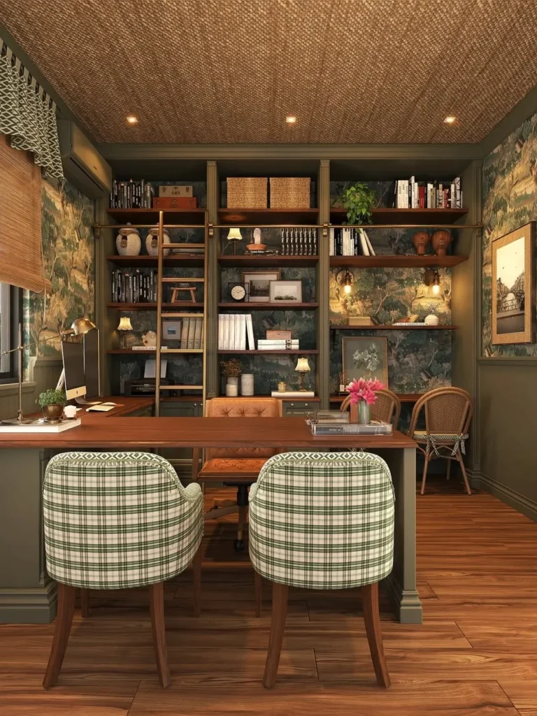Library-Style Home Office With Dark Green Shelving