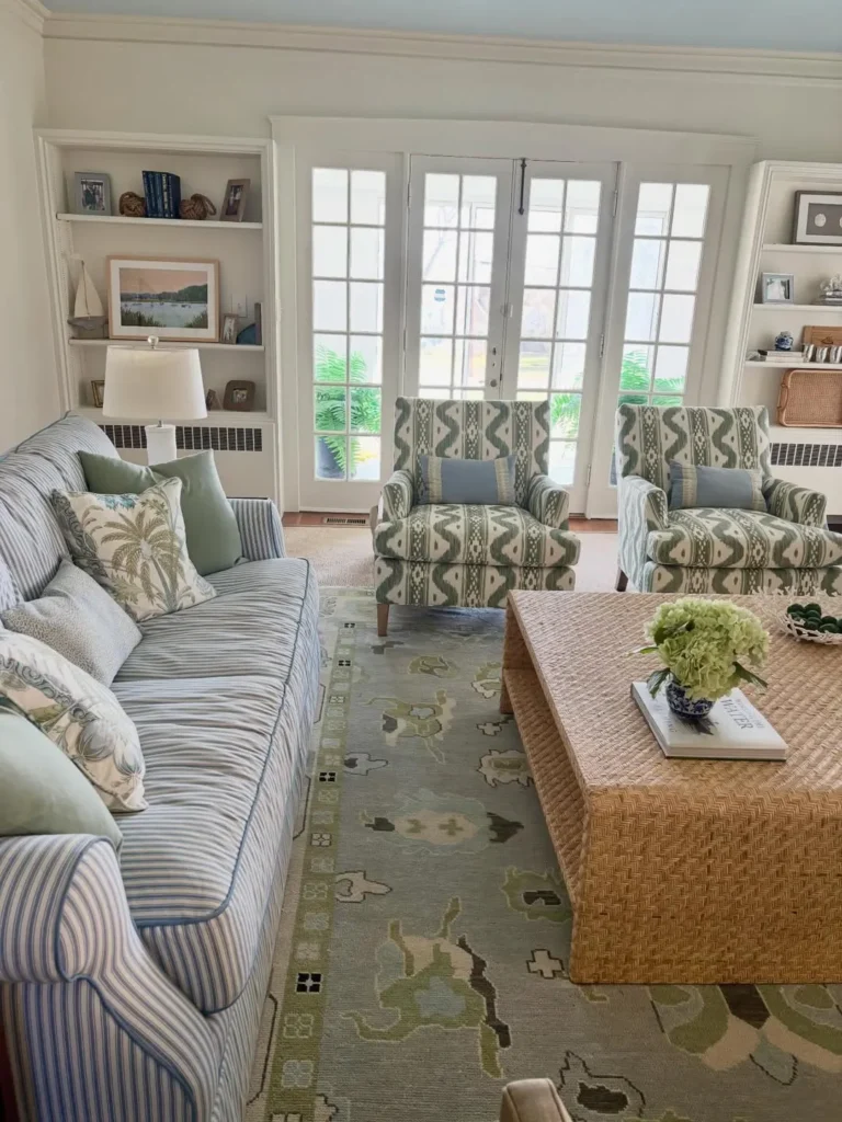 Light Blue and Green Family Room With Coastal Details