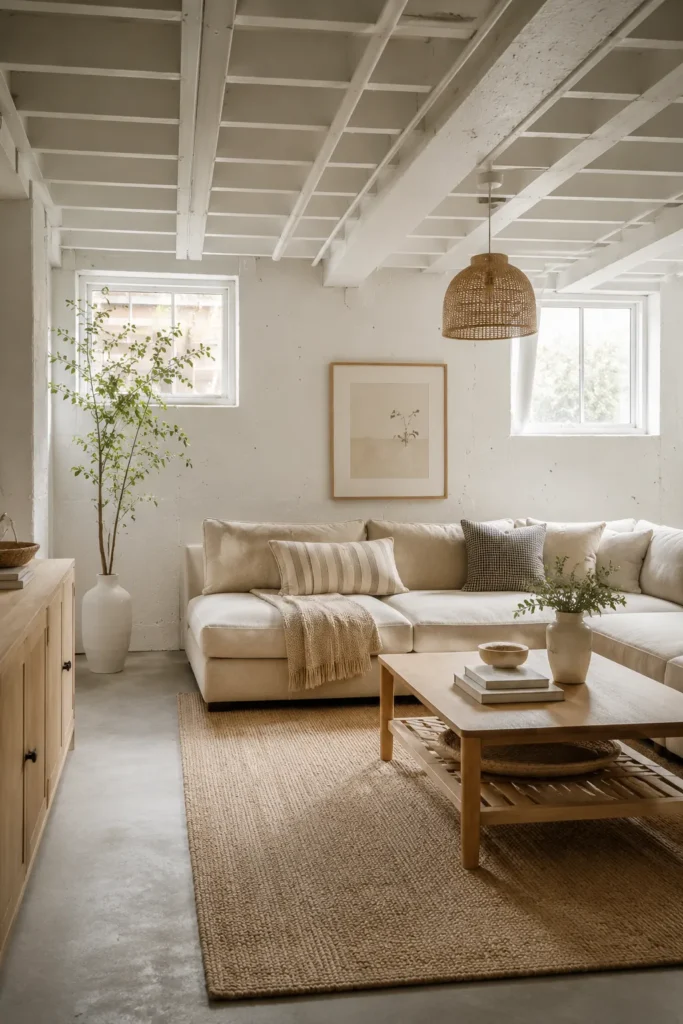 Light Neutral Unfinished Basement with Scandinavian Style