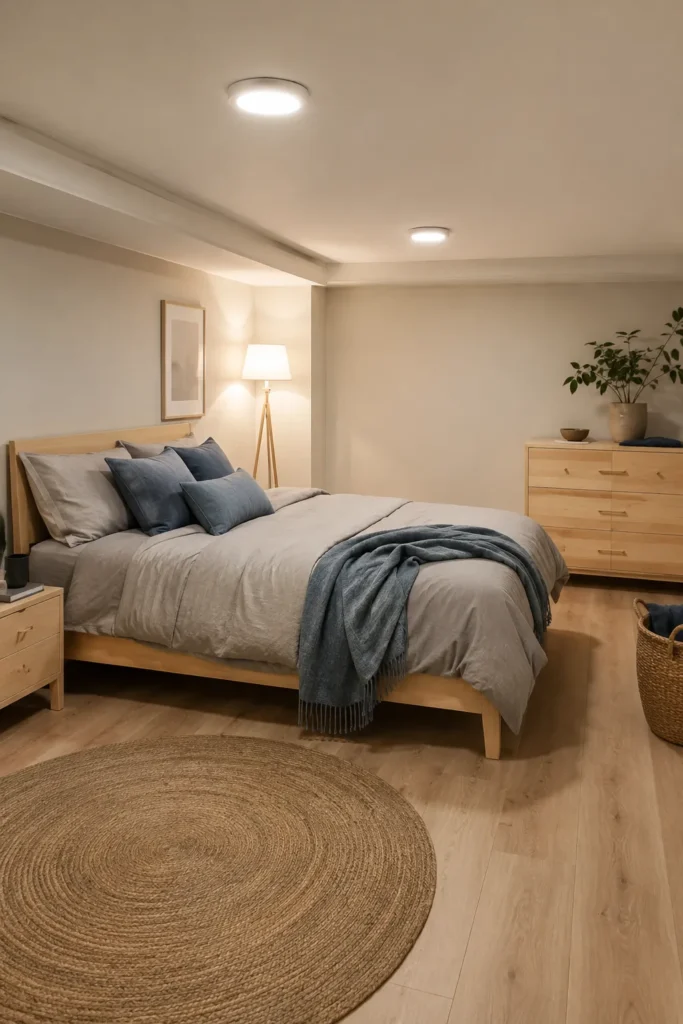 Light Wood Basement Bedroom With Cozy Blue Accents