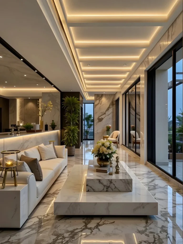 Marble Living Room With Recessed Ceiling Lights
