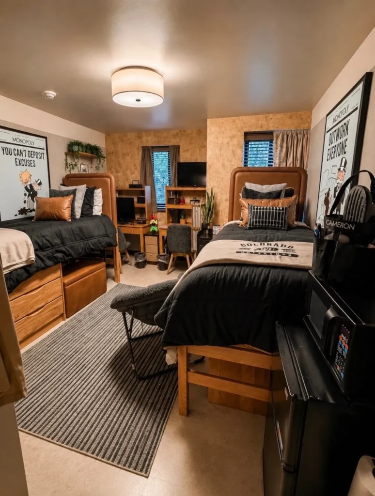 Matching Roommate Setup With Warm Wood Accents