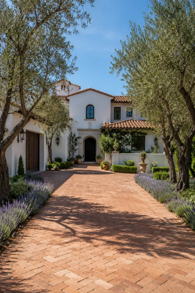 Mediterranean Driveway With Olive Trees and Brick Pavers