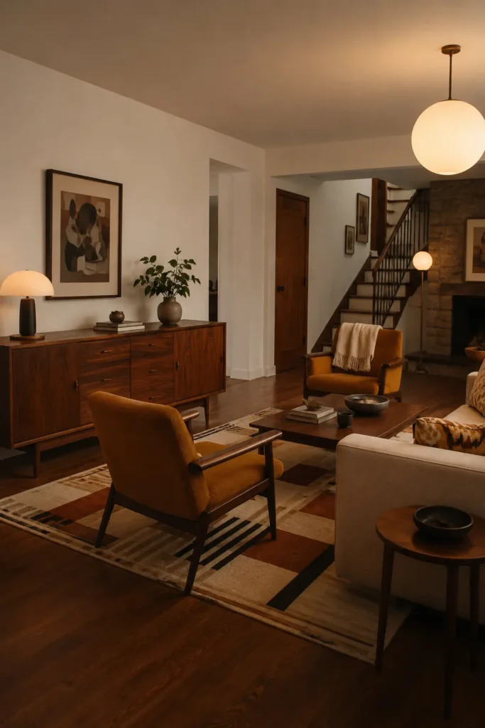 Mid Century Family Room With Warm Wood Furnishings