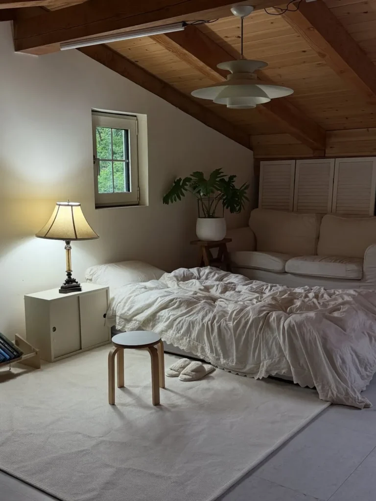 Minimal Attic Bedroom With Wood Ceiling and Cozy Corner