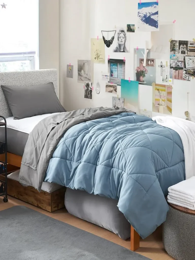 Minimal Boys Dorm Room With Soft Blue Bedding