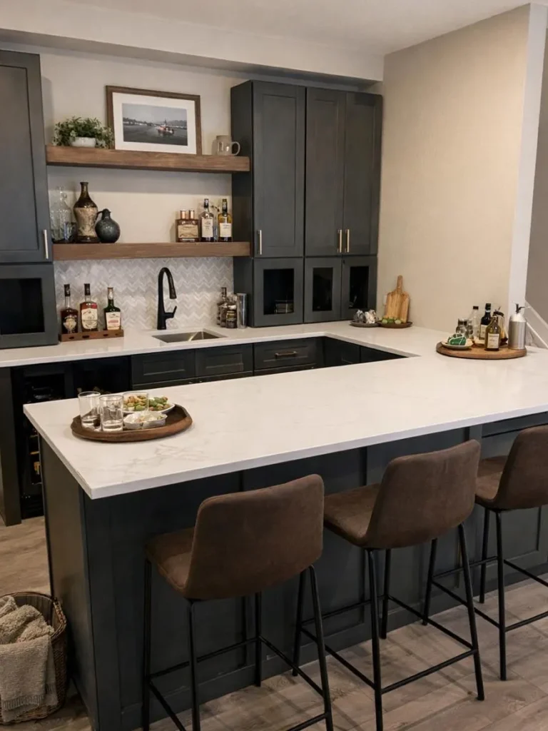 Modern Basement Bar With Charcoal Cabinets and Island