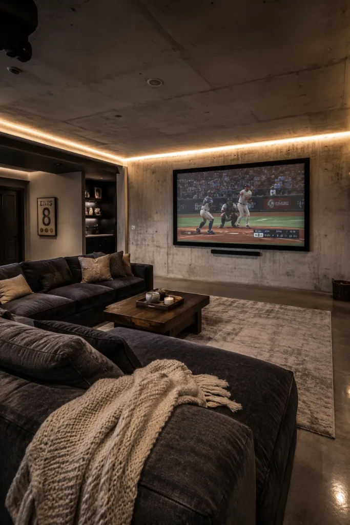 Modern Basement Media Room with Concrete Walls