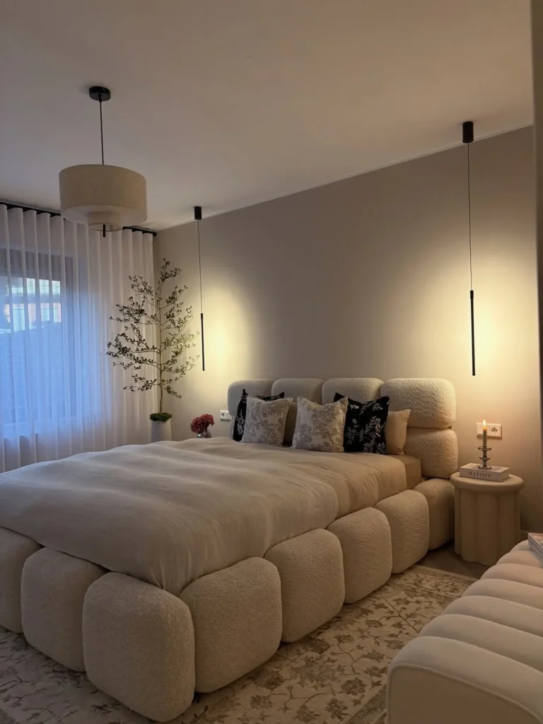 Modern Cozy Bedroom With Bouclé Bed and Soft Lighting