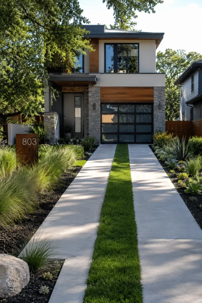 Modern Driveway With Grass Strip Center