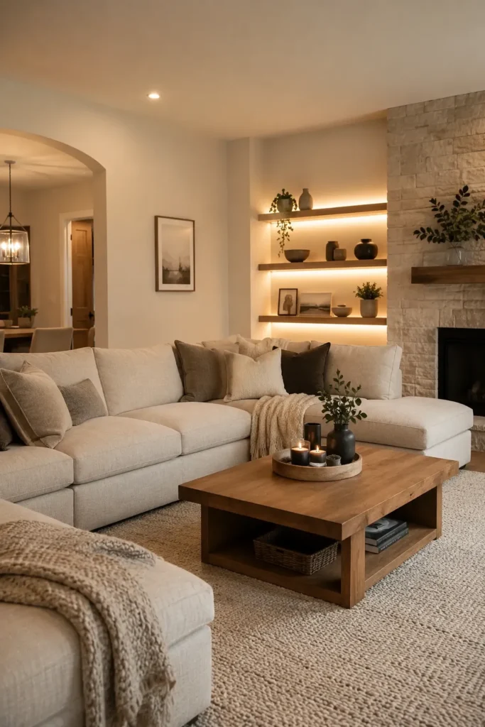 Modern Family Room With Stone Fireplace Shelving