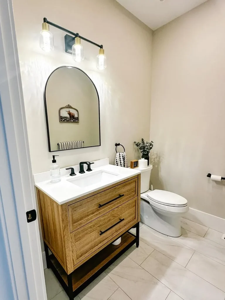 Modern Farmhouse Bathroom With Warm Oak Cabinets