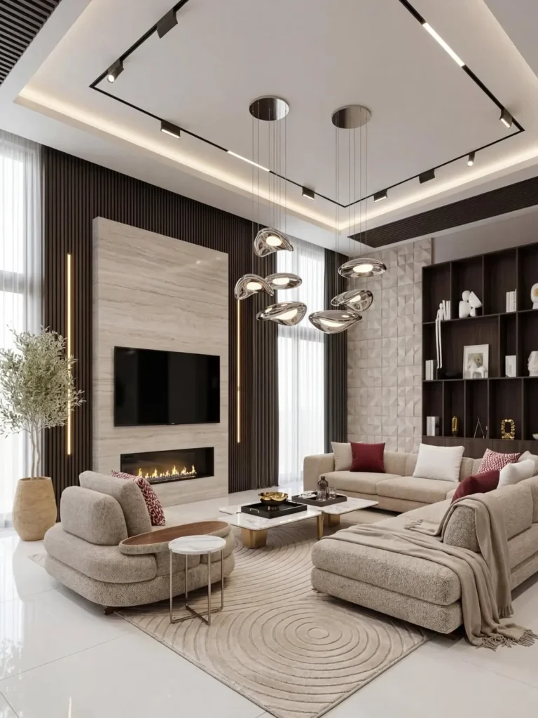 Modern Fireplace Wall With Sculptural Lighting