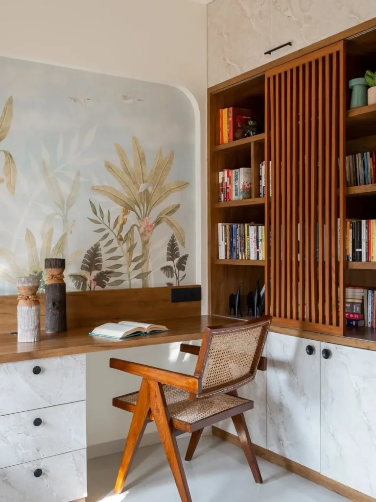Modern Wooden Workspace With Botanical Wallpaper