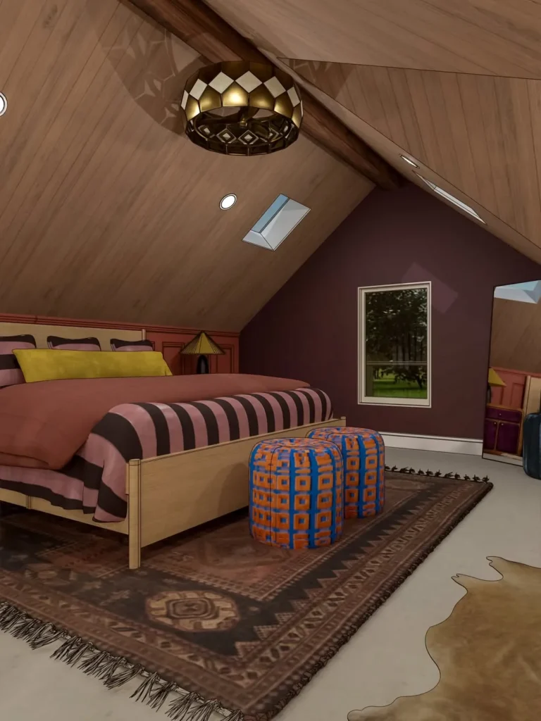 Moody Attic Bedroom With Rich Colors and Wood Ceiling