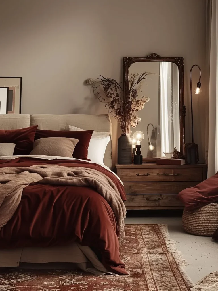 Moody Bedroom With Burgundy Bedding and Vintage Decor