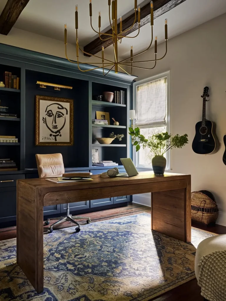 Moody Blue Study With Statement Wood Desk