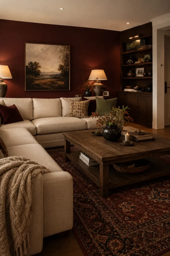 Moody Burgundy Family Room With Rich Wood Details
