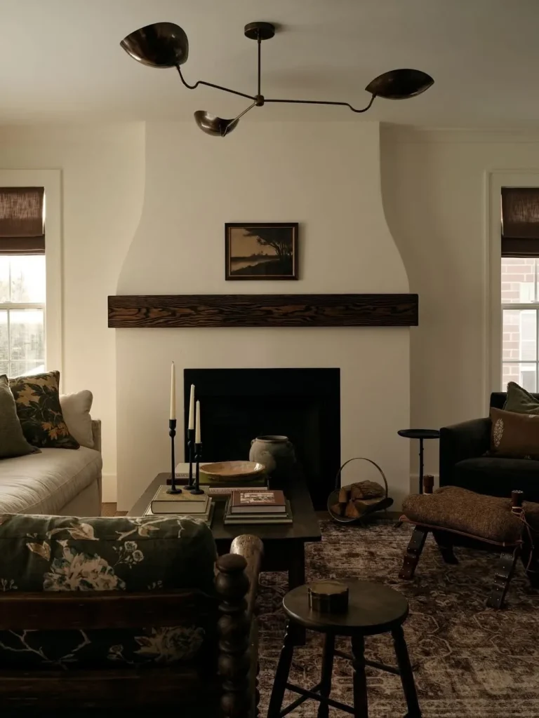 Moody Family Room With Dark Wood and Vintage Accents