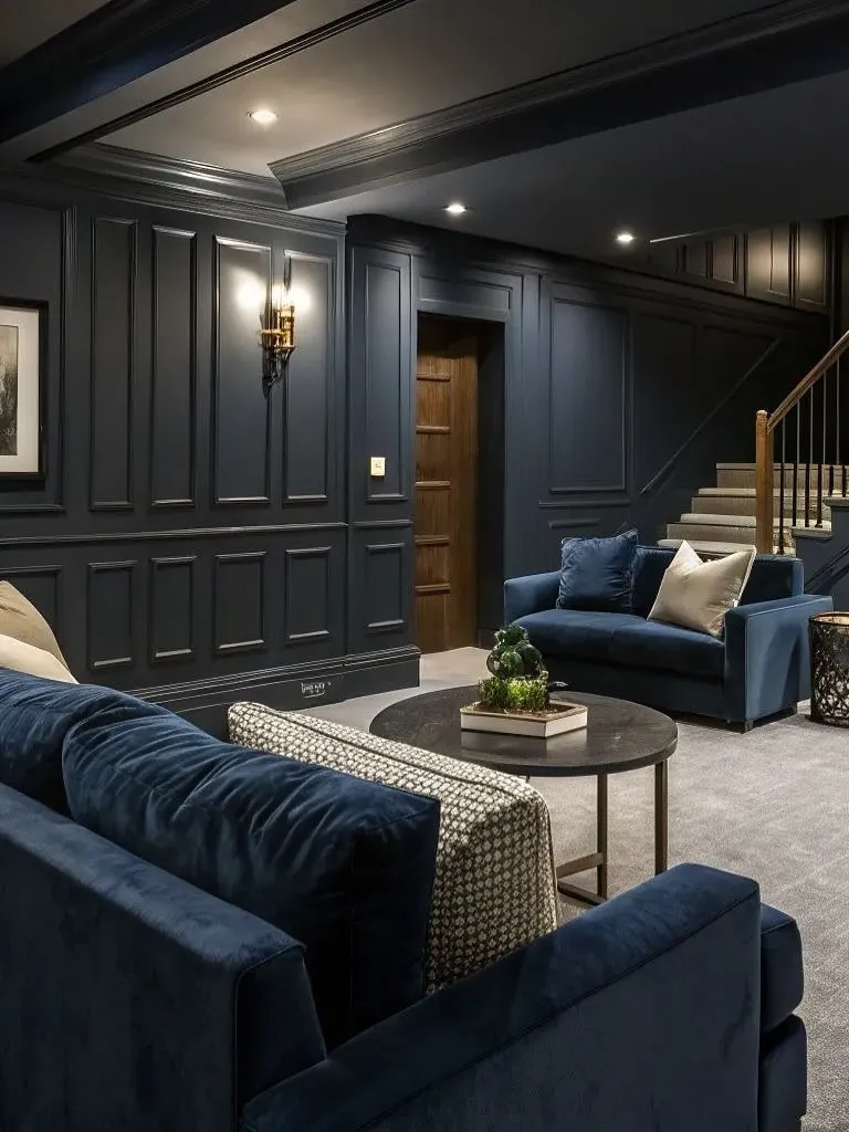Moody Finished Basement With Navy Panel Walls