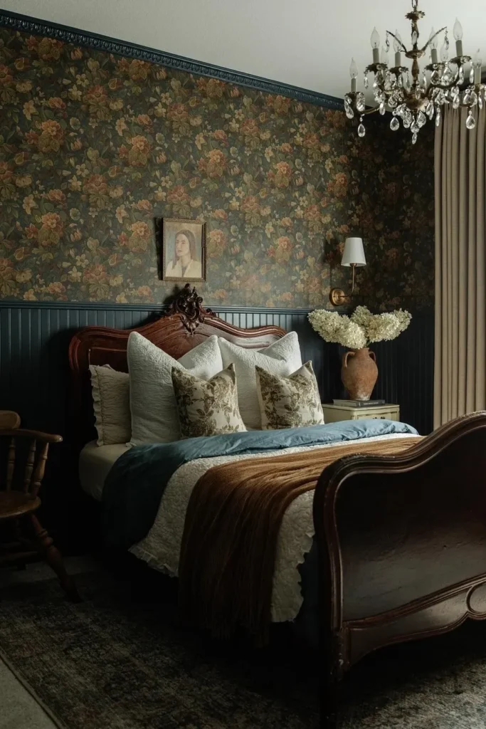 Moody Floral Bedroom With Dark Cottage Details