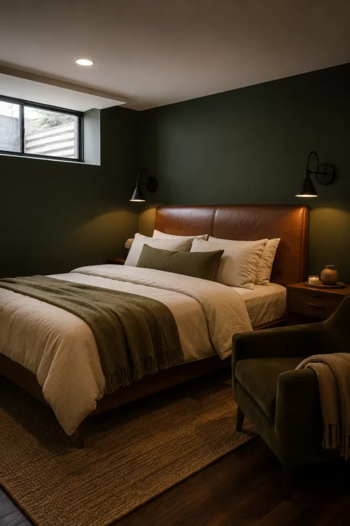 Moody Green Basement Bedroom With Leather Headboard