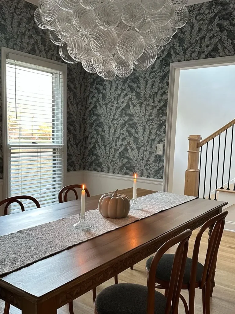 Moody Wallpaper Dining Room With Glass Bubble Chandelier