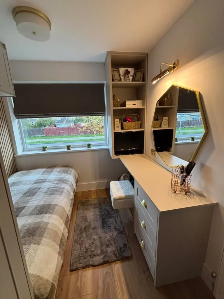 Narrow Bedroom Layout With Built-In Vanity Storage