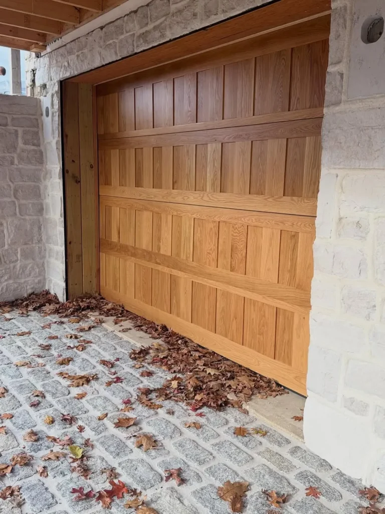 Natural Oak Garage Door Ideas for Stone Homes