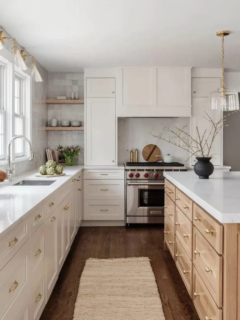 Natural Wood Island Paired With Crisp White Cabinetry