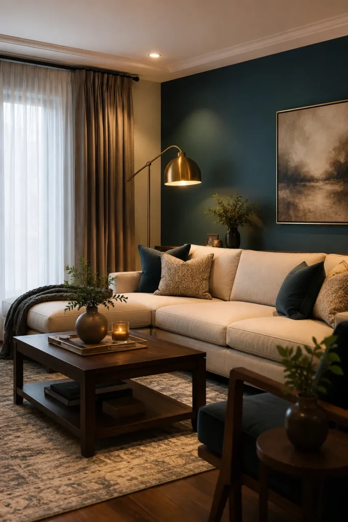 Navy Accent Family Room With Cozy Modern Style
