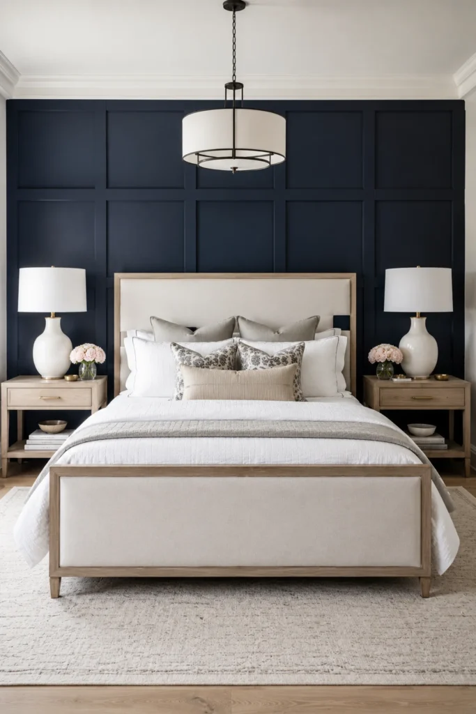 Navy Accent Wall Bedroom With Classic Layered Bedding