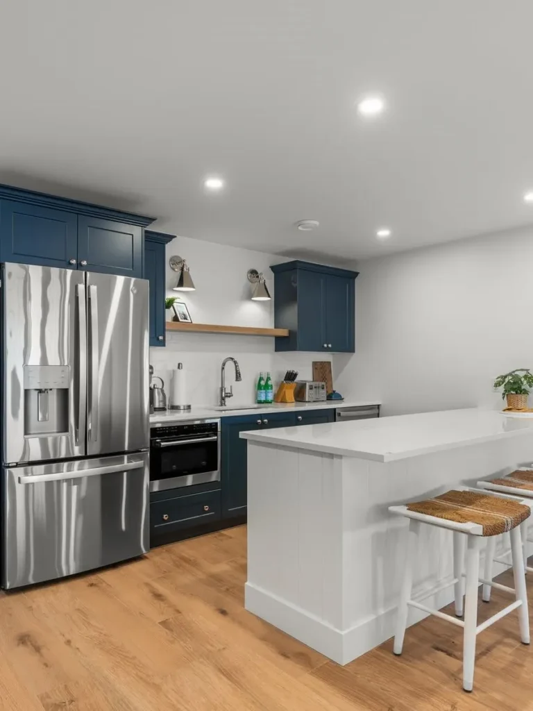 Navy Blue Basement Kitchen With Large Island Seating