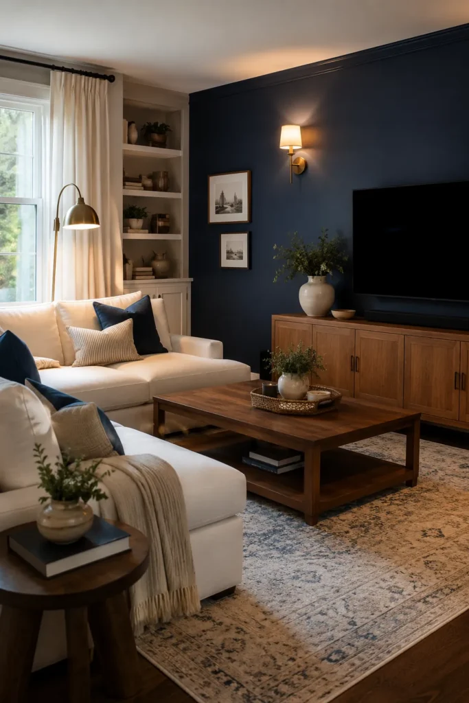 Navy Blue Family Room With Classic Built Ins