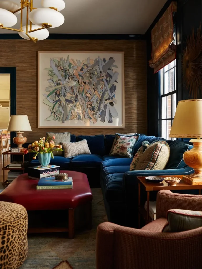 Navy and Burgundy Family Room With Layered Color and Art