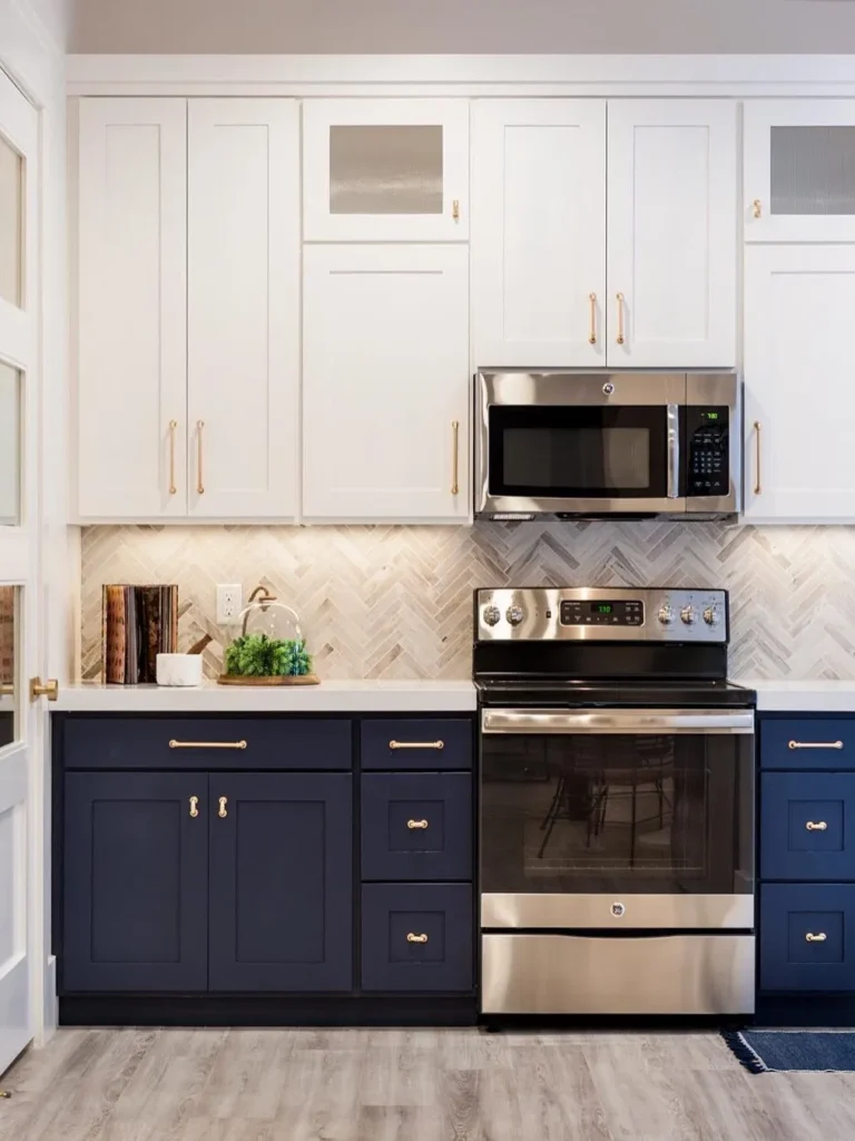 Navy and White Basement Kitchen with Brass Hardware