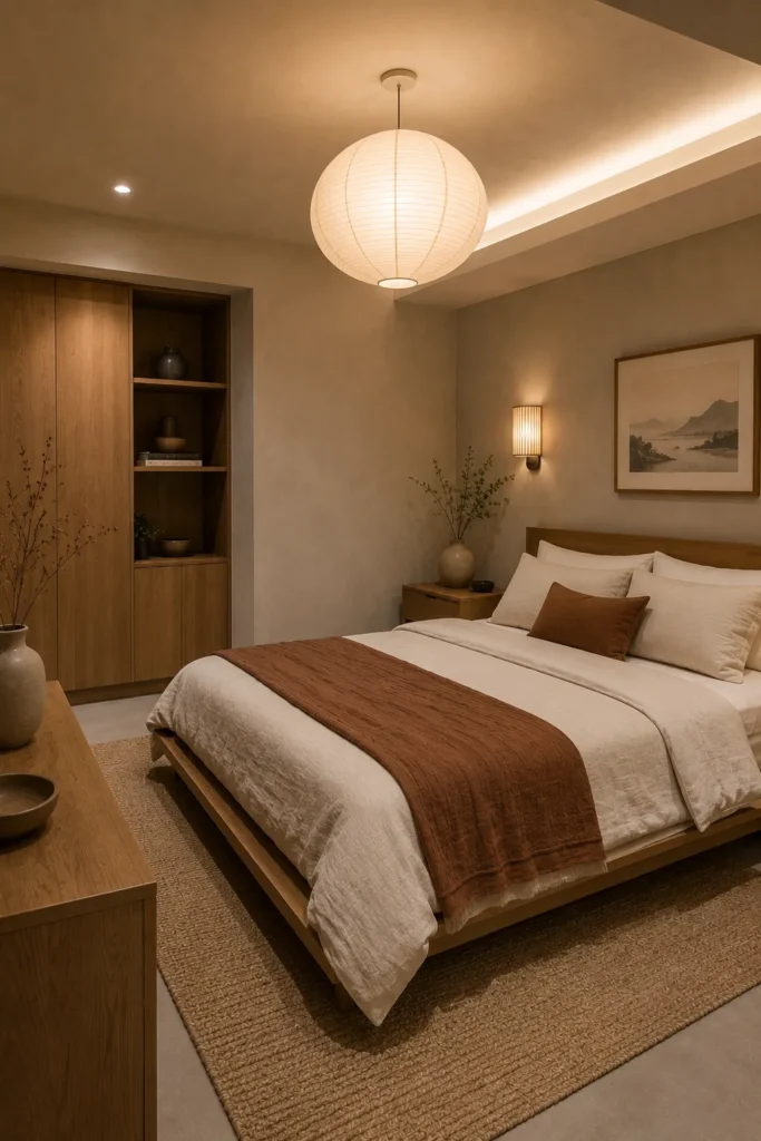 Neutral Basement Bedroom With Japanese-Inspired Details